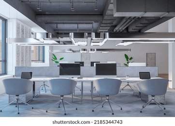 Contemporary loft coworking office interior with window and city view. 3D Rendering