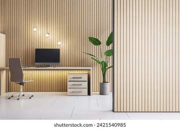 Elegant home office design with wooden details and decorative plant. Workspace aesthetic. 3D Rendering