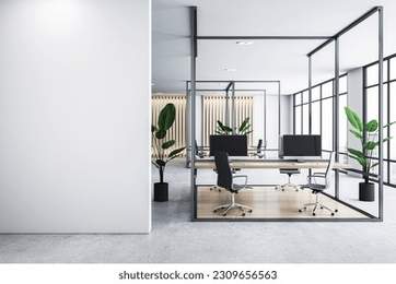 Front view on blank light wall with place for advertising poster or text in stylish sunlit coworking office with white wall background and stylish workspace in metal frame. 3D rendering, mock up