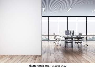 Front view on blank white wall in light office area with workspaces, modern computer monitors, parquet floor and city skyscrapers view from huge window. 3D rendering, mockup