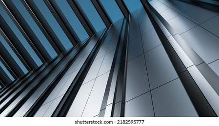 The High wall of modern architecture of an industrial building with a transparent ceiling. Office, building, workshop, with a metallic wall up and neon lights. 3D render.