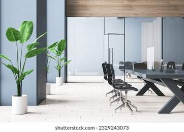 Light contemporary meeting room interior with table and chairs, decorative plant in pots. 3D Rendering