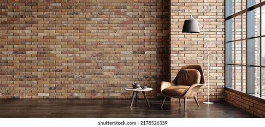 Living room interior in loft, industrial style, 3d render