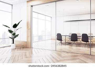 Modern conference room with empty table, chairs, and a plant, against cityscape background, concept of business meeting space. 3D Rendering