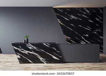 Modern dark marble office lobby interior with reception desk and wooden flooring. 3D Rendering