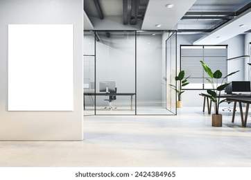 Modern glass office interior with empty mock up banner on wall, furniture and equipment. 3D Rendering
