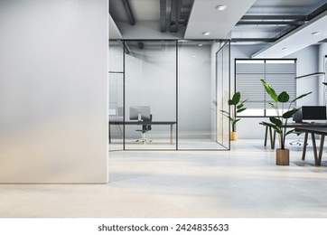 Modern glass office interior with empty mock up place on wall, furniture and equipment. 3D Rendering