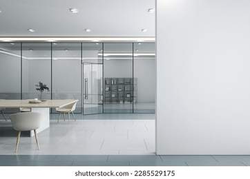 Modern light wooden and glass meeting room interior with blank mock up place on wall, furniture and window with city view reflections. 3D Rendering