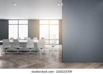 Modern meeting room interior with mock up place on wall, wooden flooring, furniture, city view and daylight. 3D Rendering