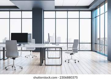 Modern minimal coworking office interior with wooden flooring, furniture and panoramic windows with city view. 3D Rendering