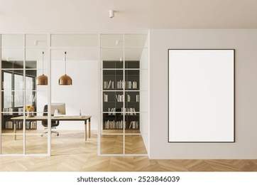 Interior de escritório moderno com um cartaz em branco emoldurado na parede, mesa visível com computador, estantes e luzes de pingente no fundo. Renderização 3D