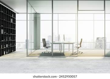 Modern office interior with glass partitions, furniture, and a city view in the background, concept of a corporate workspace. 3D Rendering