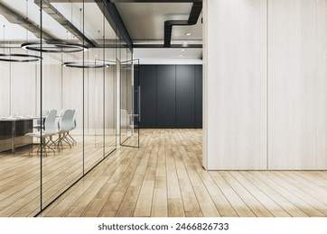 Modern office interior with glass partitions, wood flooring, and a dark background, concept of a creative loft design. 3D Rendering