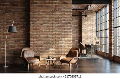 Modern office interior in loft, industrial style, 3d render