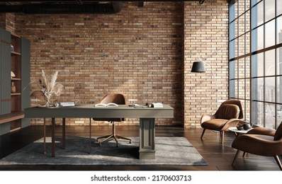 Modern office interior in loft, industrial style, 3d render