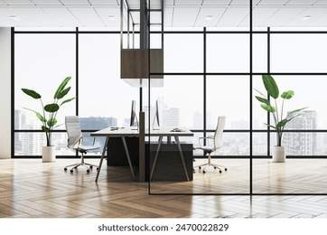 A modern office space with furniture and cityscape view through large windows, displayed in a photorealistic style on an urban background, concept of workplace. 3D Rendering