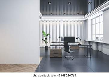 Modern wooden and concrete coworking office interior with empty mock up place on wall, window and city view, furniture and equipment. 3D Rendering
