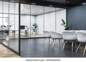 Modern wooden, concrete and glass meeting room interior with furniture and partitions. Workplace concept. 3D Rendering