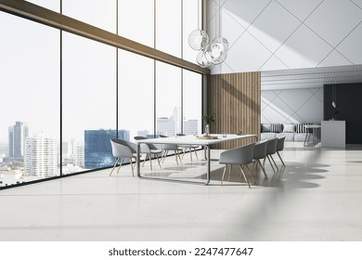 Perspective view on city skyline view from panoramic window in sunlit spacious high floor office hall with stylish meeting table and grey chairs on light and wooden wall background. 3D rendering