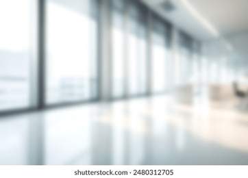Abstract blurred image of modern office with soft light for background usage. Blur office workplace interior background desing concept.