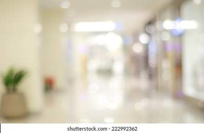 Borrão de fundo claro na loja no shopping para o fundo de negócios, bokeh abstrato embaçado no corredor interior