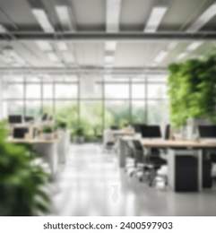Blurred Interior Modern Office Working Space With Green Scenery