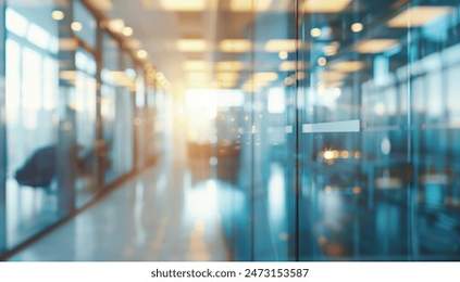 A blurry view of a modern office space with glass doors and windows, featuring natural light and bright colors.