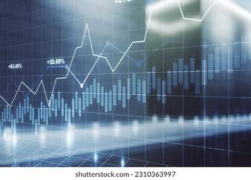 Multi exposure of abstract virtual financial graph hologram on blurry modern office building background, forex and investment concept