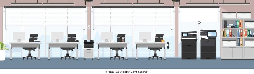 Modern office design, Empty working area with no people, Modern office interior, Skyscraper office with city view, Office interior horizontal background.